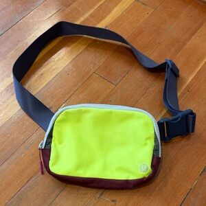 lululemon athletica Neon Yellow & Burgundy Belt Bag with Gray Strap
